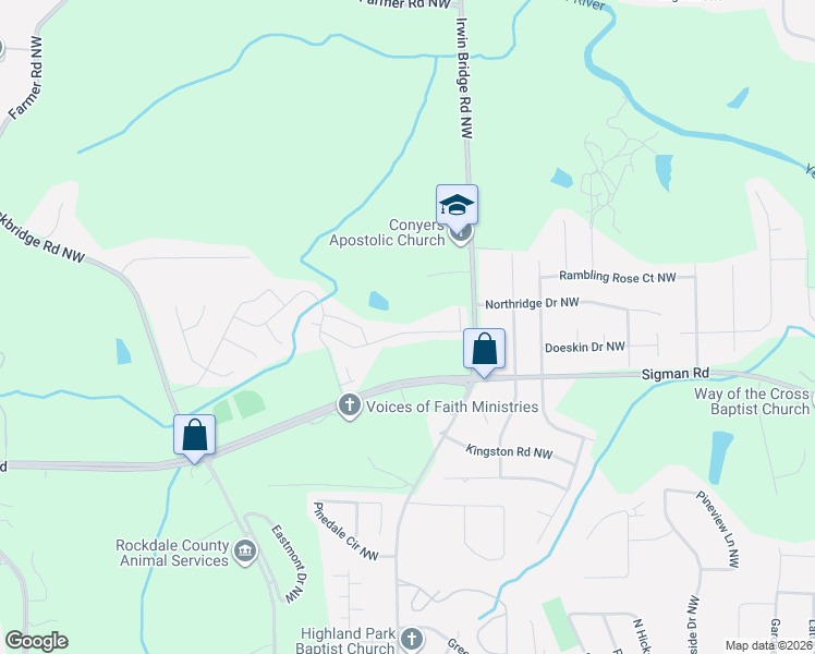 map of restaurants, bars, coffee shops, grocery stores, and more near 1938 Millstream Hollow in Conyers