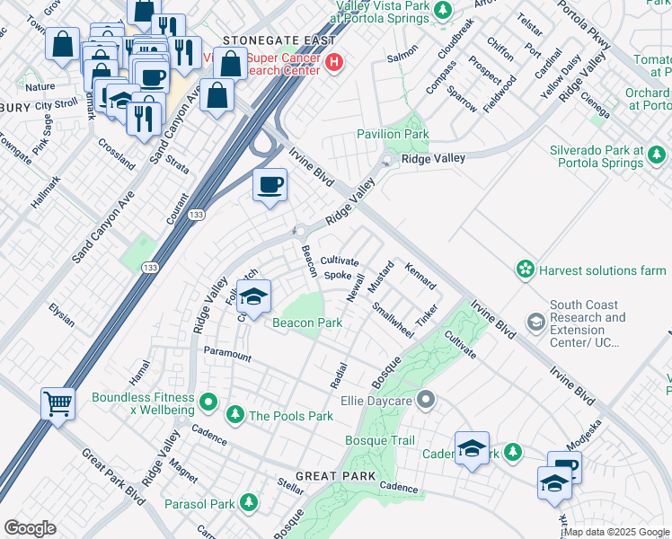 map of restaurants, bars, coffee shops, grocery stores, and more near 107 Spoke in Irvine