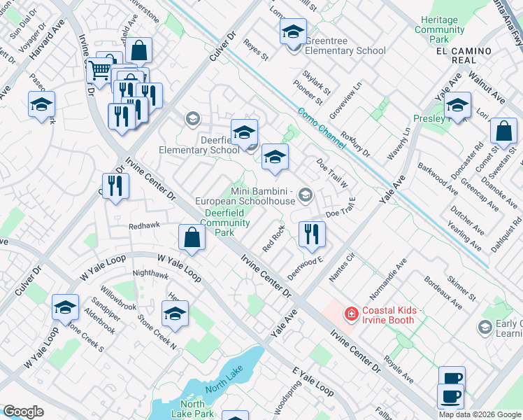 map of restaurants, bars, coffee shops, grocery stores, and more near in Irvine