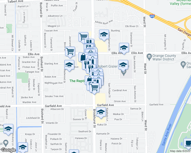 map of restaurants, bars, coffee shops, grocery stores, and more near 18722 Brookhurst Street in Fountain Valley