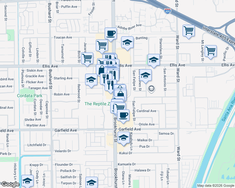 map of restaurants, bars, coffee shops, grocery stores, and more near 18722 Brookhurst Street in Fountain Valley