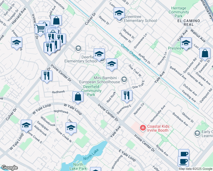 map of restaurants, bars, coffee shops, grocery stores, and more near in Irvine
