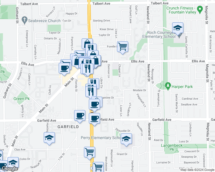 map of restaurants, bars, coffee shops, grocery stores, and more near 18672 Libra Circle in Huntington Beach