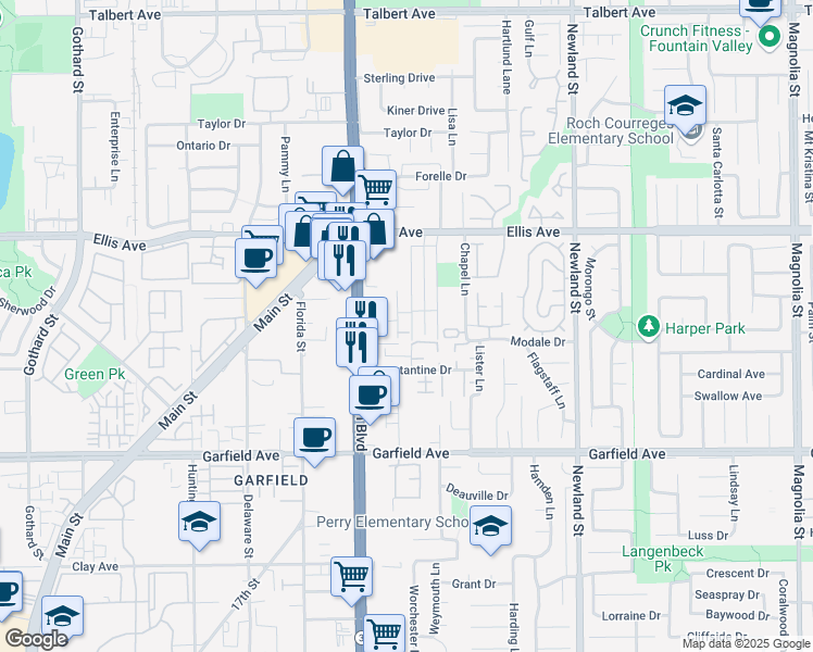 map of restaurants, bars, coffee shops, grocery stores, and more near 18672 Libra Circle in Huntington Beach