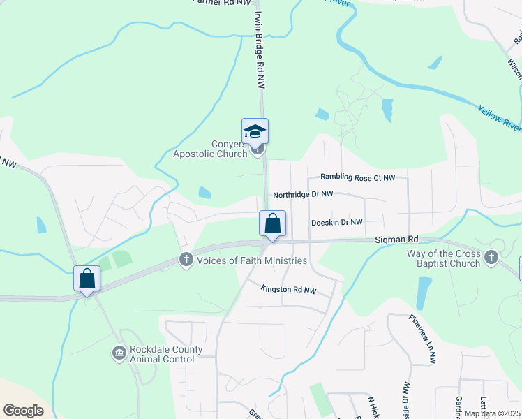 map of restaurants, bars, coffee shops, grocery stores, and more near 2039 Wildflower Way Northwest in Conyers
