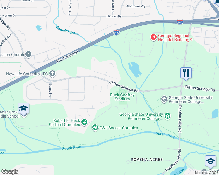 map of restaurants, bars, coffee shops, grocery stores, and more near 3199 Clifton Farm Drive in Decatur