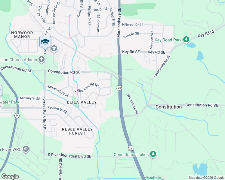 map of restaurants, bars, coffee shops, grocery stores, and more near 1142 Valley View Road Southeast in Atlanta