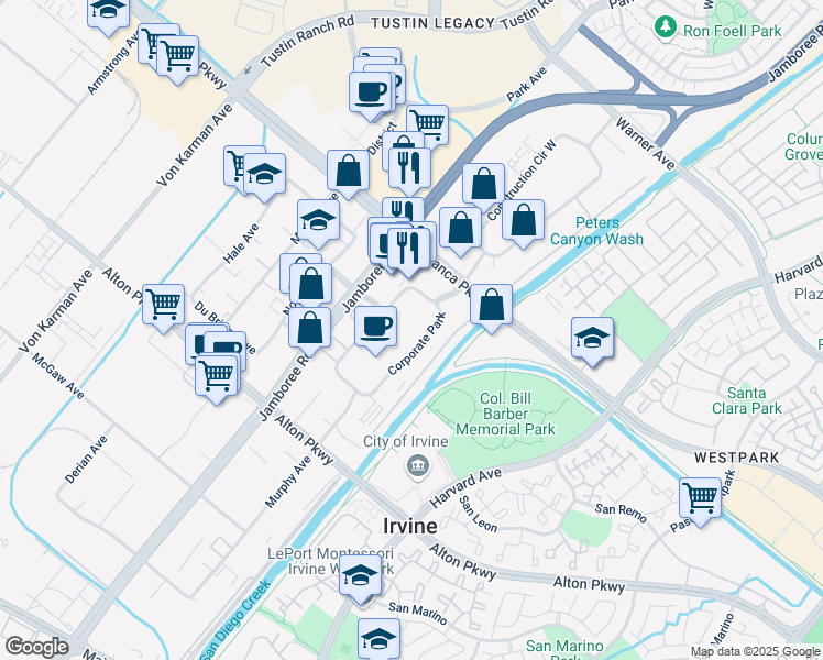 map of restaurants, bars, coffee shops, grocery stores, and more near 43 Corporate Park in Irvine