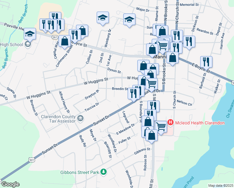 map of restaurants, bars, coffee shops, grocery stores, and more near 206 Breedin Street in Manning