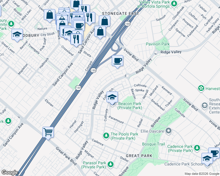 map of restaurants, bars, coffee shops, grocery stores, and more near 199 Follyhatch in Irvine