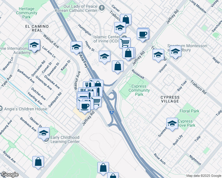 map of restaurants, bars, coffee shops, grocery stores, and more near 14273 Jeffrey Road in Irvine
