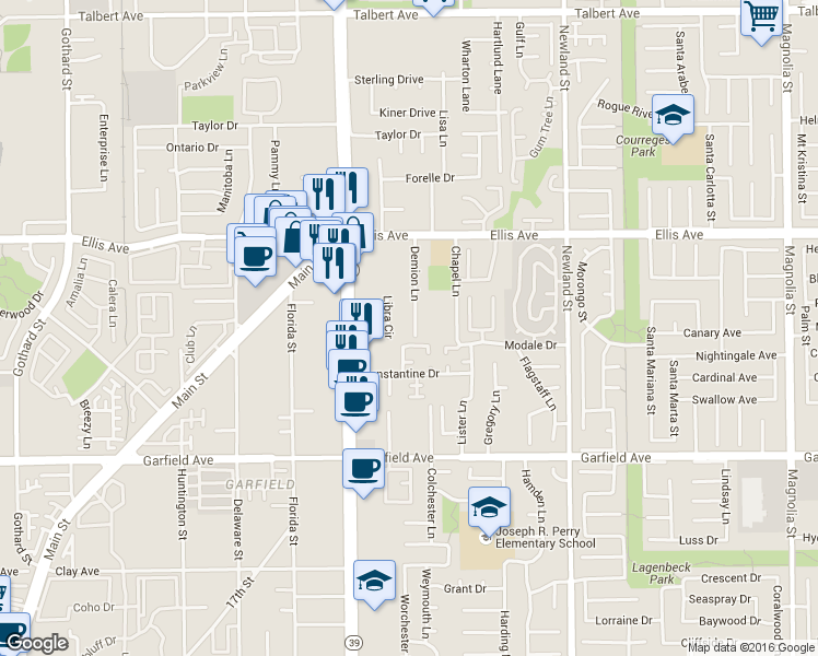 map of restaurants, bars, coffee shops, grocery stores, and more near 18672 Libra Circle in Huntington Beach