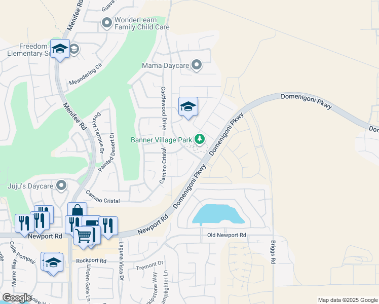 map of restaurants, bars, coffee shops, grocery stores, and more near 29998 Lindenberger Road in Menifee
