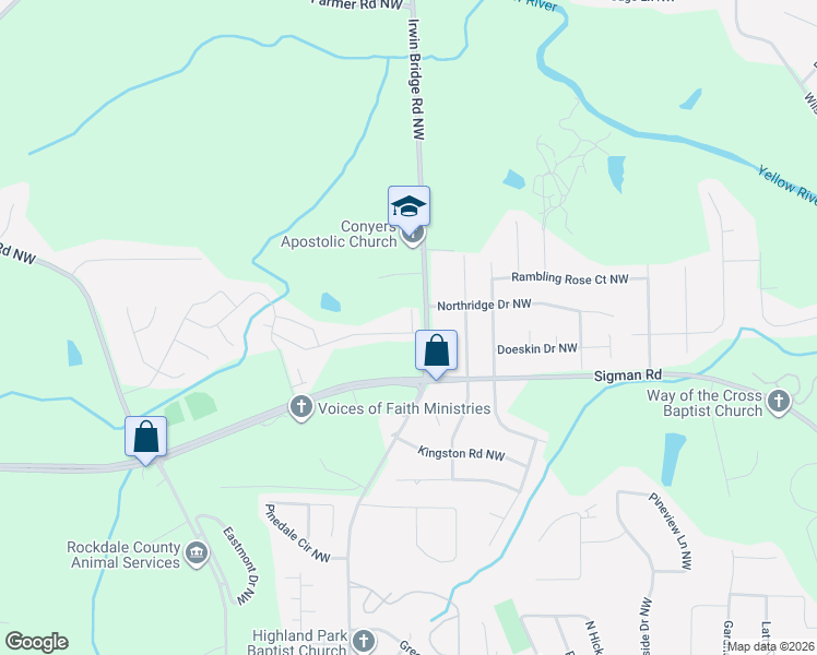 map of restaurants, bars, coffee shops, grocery stores, and more near 2072 Wildflower Way Northwest in Conyers