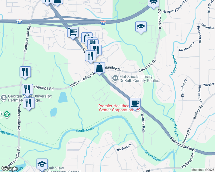 map of restaurants, bars, coffee shops, grocery stores, and more near 4025 Flat Shoals Parkway in Decatur