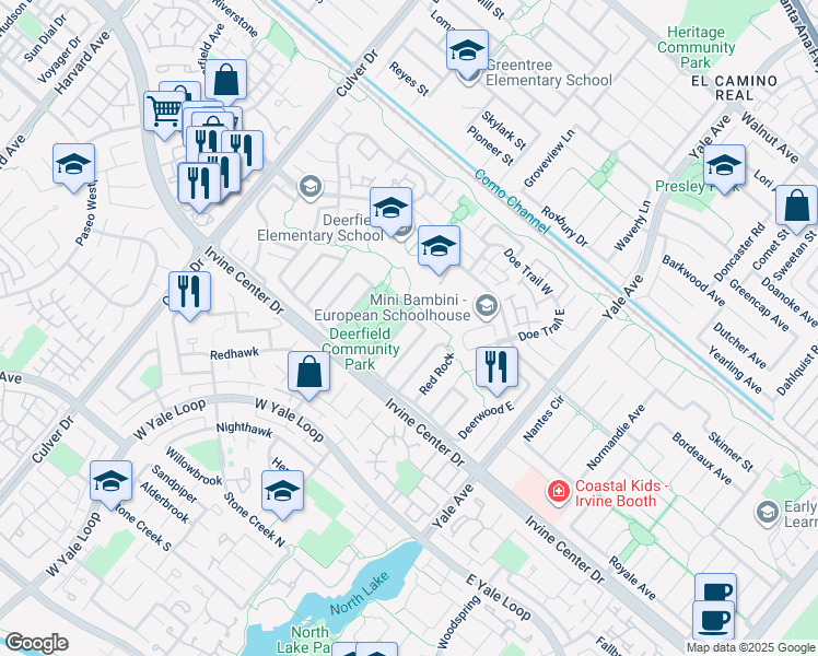 map of restaurants, bars, coffee shops, grocery stores, and more near 22 Foxhill in Irvine
