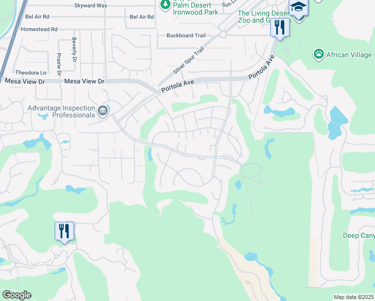 map of restaurants, bars, coffee shops, grocery stores, and more near 73450 Irontree Drive in Palm Desert