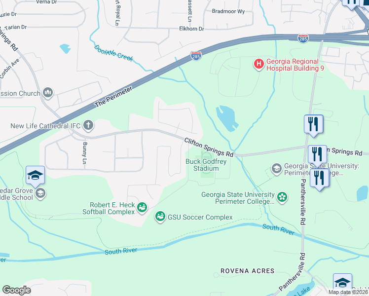 map of restaurants, bars, coffee shops, grocery stores, and more near 3199 Clifton Farm Drive in Decatur