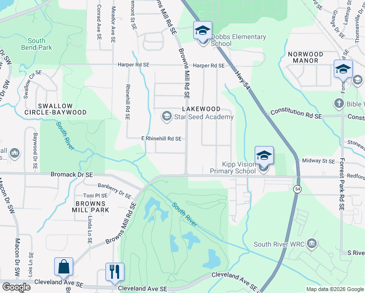 map of restaurants, bars, coffee shops, grocery stores, and more near 2275 Browns Mill Rd SE in Atlanta