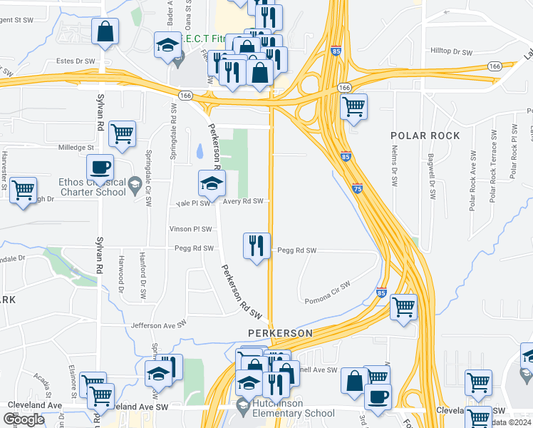 map of restaurants, bars, coffee shops, grocery stores, and more near 2333 Metropolitan Parkway Southwest in Atlanta