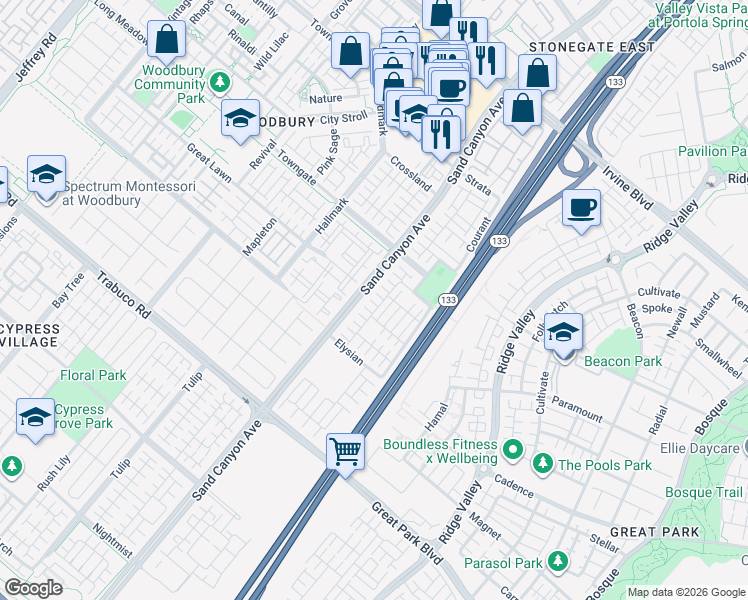 map of restaurants, bars, coffee shops, grocery stores, and more near 105 Splendor in Irvine