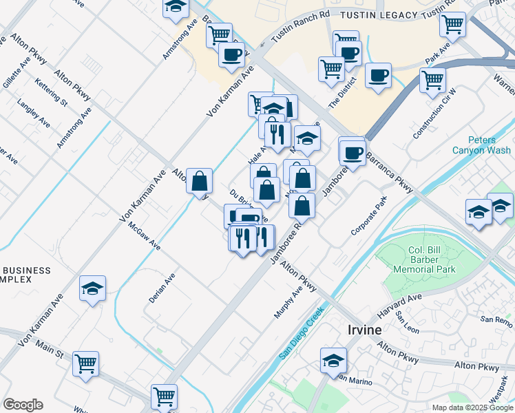 map of restaurants, bars, coffee shops, grocery stores, and more near 16842 Millikan Avenue in Irvine