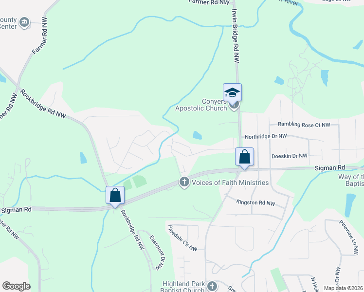 map of restaurants, bars, coffee shops, grocery stores, and more near 1599 Larkspur Trail in Conyers