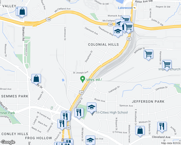 map of restaurants, bars, coffee shops, grocery stores, and more near 2347 Newnan Street in East Point