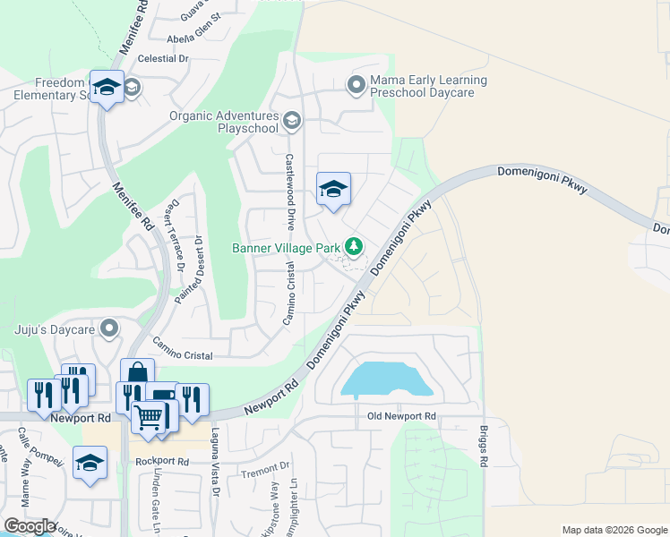 map of restaurants, bars, coffee shops, grocery stores, and more near 29556 Lindenberger Road in Menifee