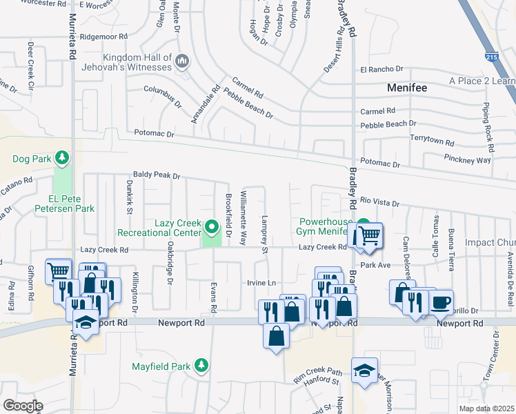 map of restaurants, bars, coffee shops, grocery stores, and more near 26671 Mark Twain Court in Menifee