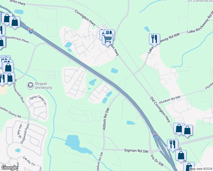 map of restaurants, bars, coffee shops, grocery stores, and more near 2400 Fitts Drive in Conyers