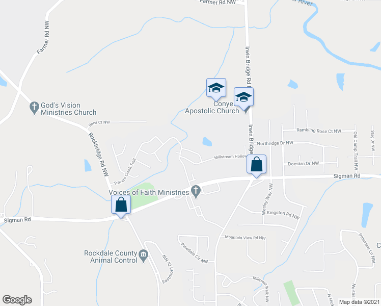 map of restaurants, bars, coffee shops, grocery stores, and more near 1606 Larkspur Trail in Conyers