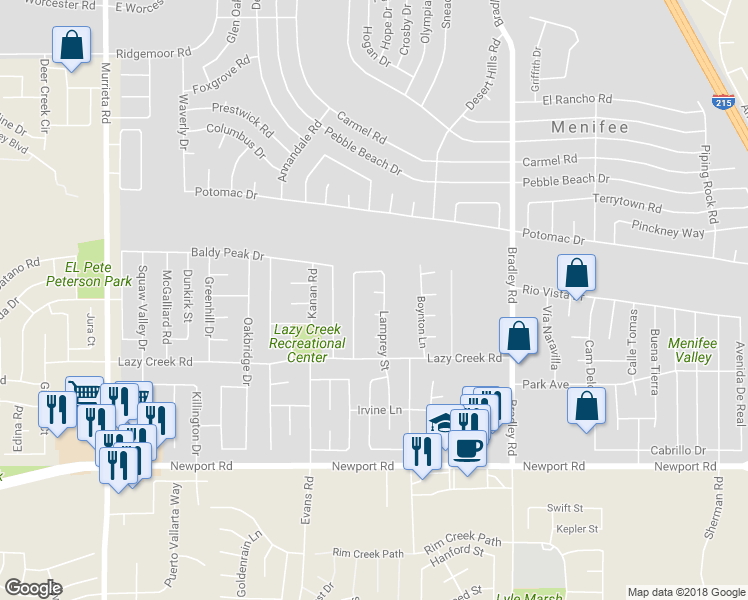map of restaurants, bars, coffee shops, grocery stores, and more near 26671 Mark Twain Court in Menifee