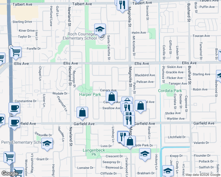 map of restaurants, bars, coffee shops, grocery stores, and more near 8839 Canary Avenue in Fountain Valley