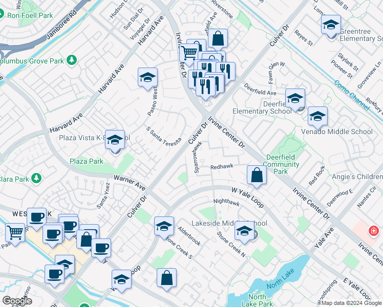 map of restaurants, bars, coffee shops, grocery stores, and more near 43 Sparrowhawk in Irvine