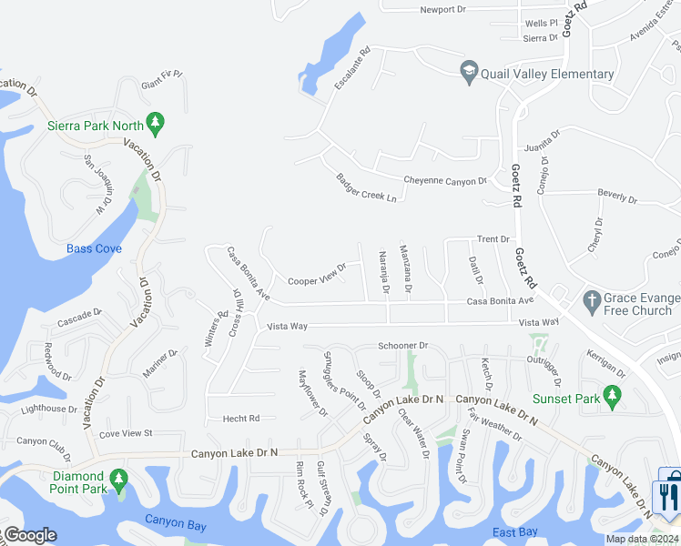 map of restaurants, bars, coffee shops, grocery stores, and more near 29582 Toomas Circle in Canyon Lake