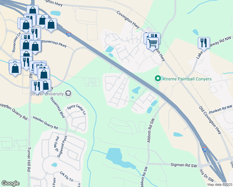 map of restaurants, bars, coffee shops, grocery stores, and more near 7653 Green Glade Way in Stonecrest