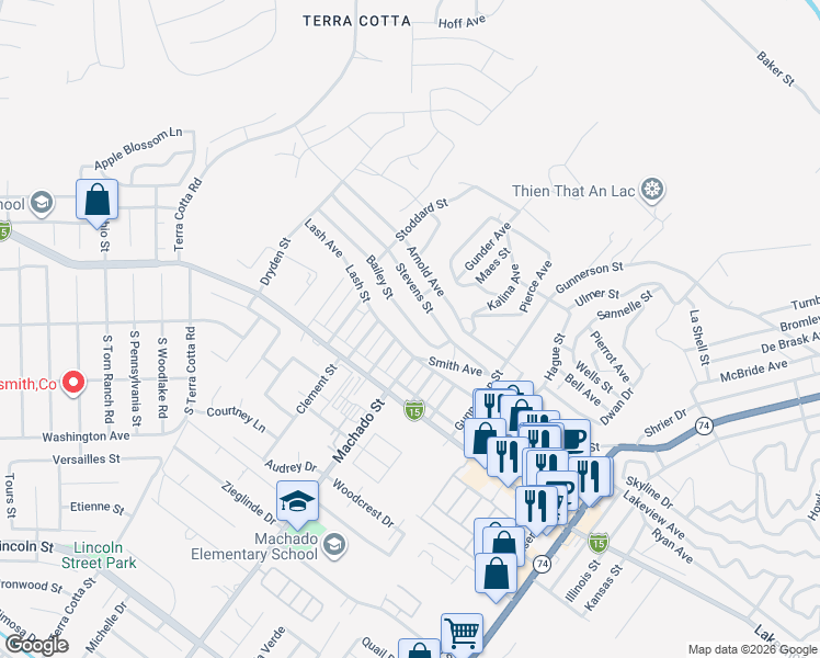 map of restaurants, bars, coffee shops, grocery stores, and more near 16475 Bailey Street in Lake Elsinore