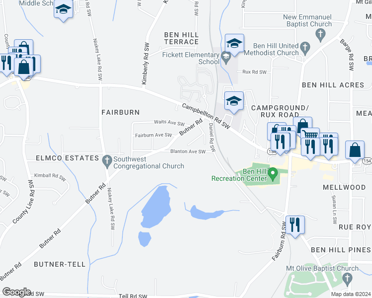 map of restaurants, bars, coffee shops, grocery stores, and more near 4041 Blanton Avenue Southwest in Atlanta