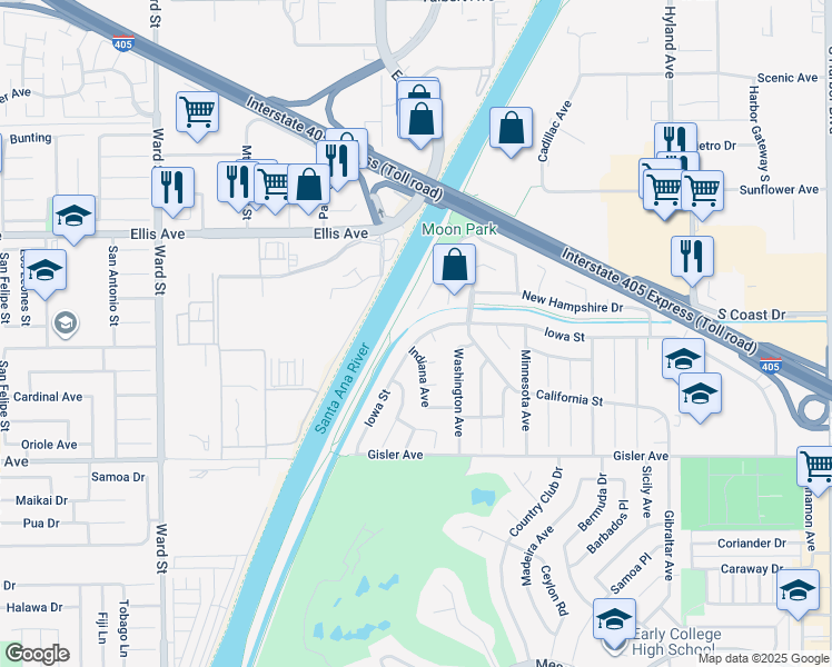 map of restaurants, bars, coffee shops, grocery stores, and more near 3295 Iowa Street in Costa Mesa