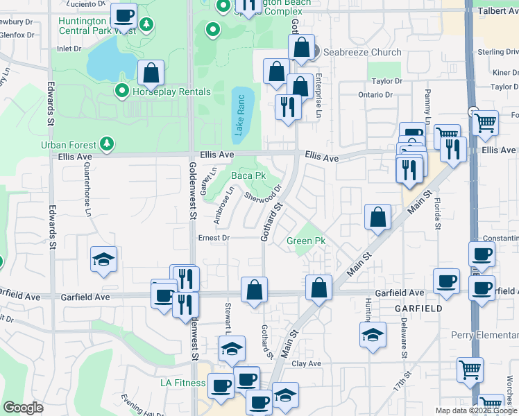 map of restaurants, bars, coffee shops, grocery stores, and more near 18697 Fairfax Lane in Huntington Beach