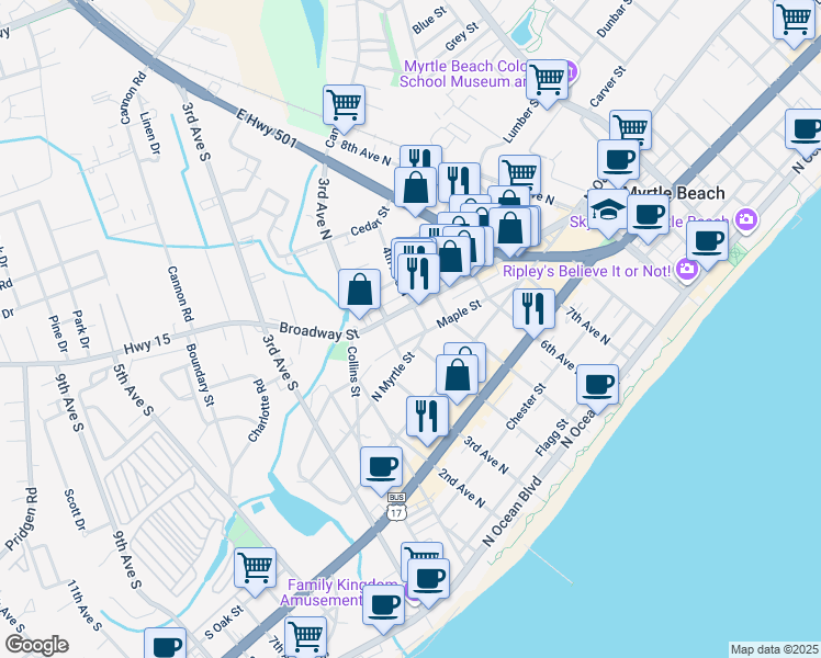map of restaurants, bars, coffee shops, grocery stores, and more near 309 Broadway Street in Myrtle Beach