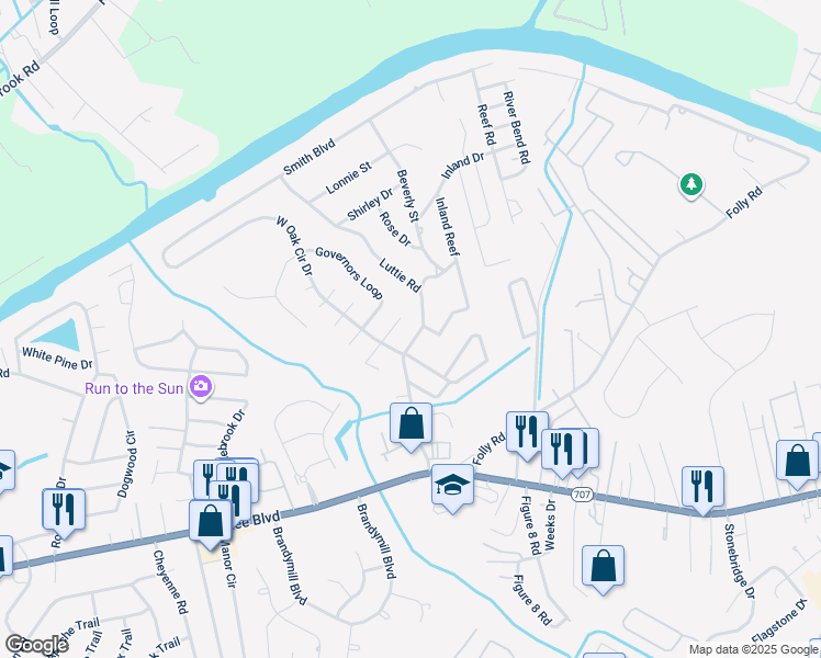 map of restaurants, bars, coffee shops, grocery stores, and more near 602 Luttie Road in Myrtle Beach