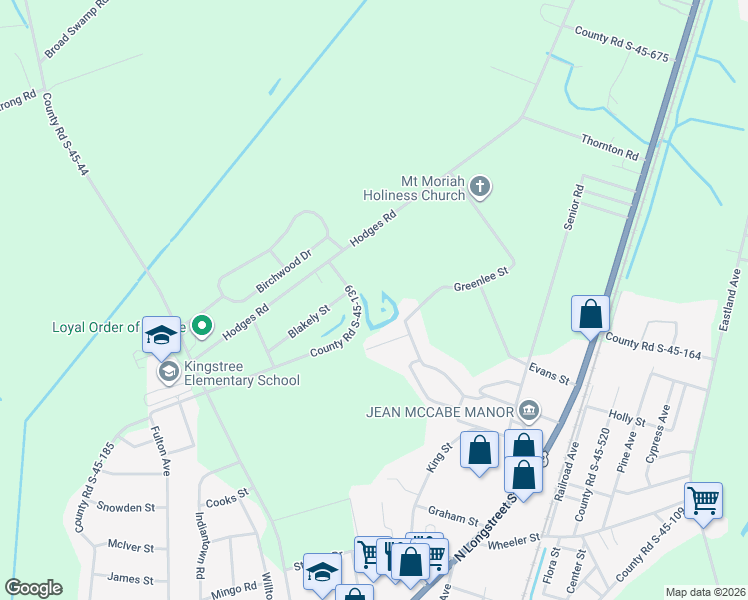 map of restaurants, bars, coffee shops, grocery stores, and more near 28 County Road S-45-139 in Kingstree