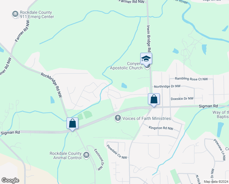 map of restaurants, bars, coffee shops, grocery stores, and more near 1606 Larkspur Trail in Conyers