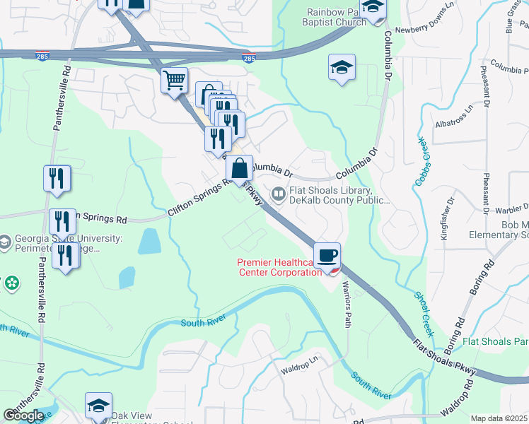 map of restaurants, bars, coffee shops, grocery stores, and more near 4025 Flat Shoals Parkway in Decatur