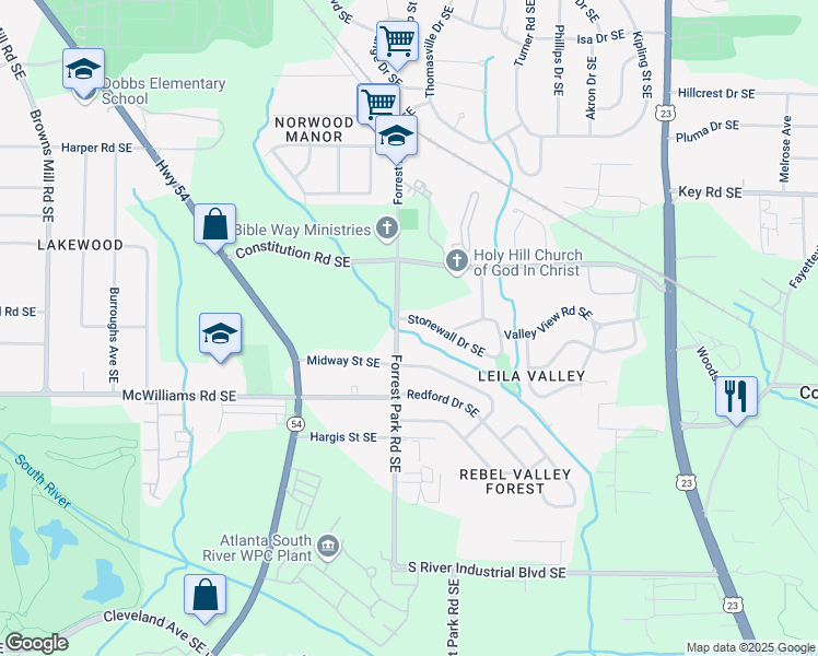 map of restaurants, bars, coffee shops, grocery stores, and more near 907 Stonewall Drive Southeast in Atlanta