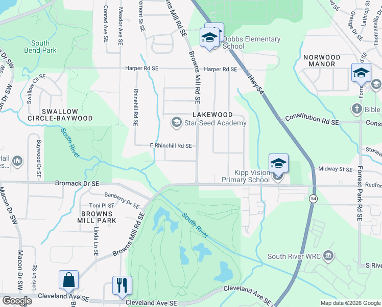 map of restaurants, bars, coffee shops, grocery stores, and more near 2275 Browns Mill Road Southeast in Atlanta