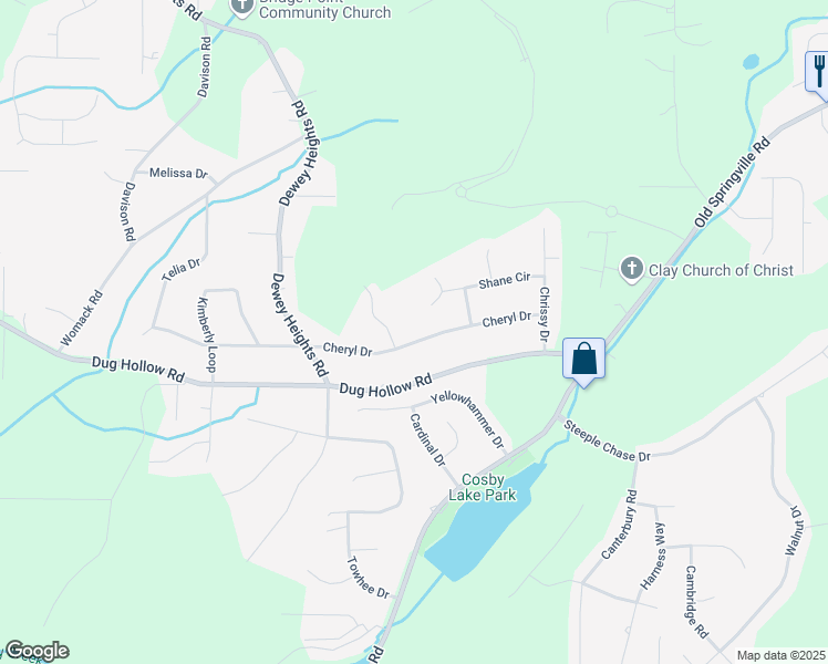 map of restaurants, bars, coffee shops, grocery stores, and more near 5820 Cheryl Drive in Pinson