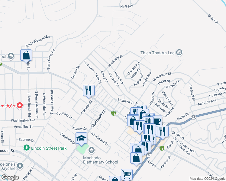 map of restaurants, bars, coffee shops, grocery stores, and more near 16475 Bailey Street in Lake Elsinore